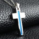 Thin Blue Line Silver Cross Pendant Necklace - BackYourHero