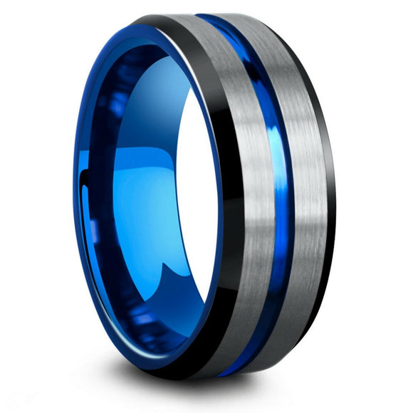 Blue Line Rings For Men Men's Thin Blue Line Ring Police LEO Support Tungsten Carbide Silver ...